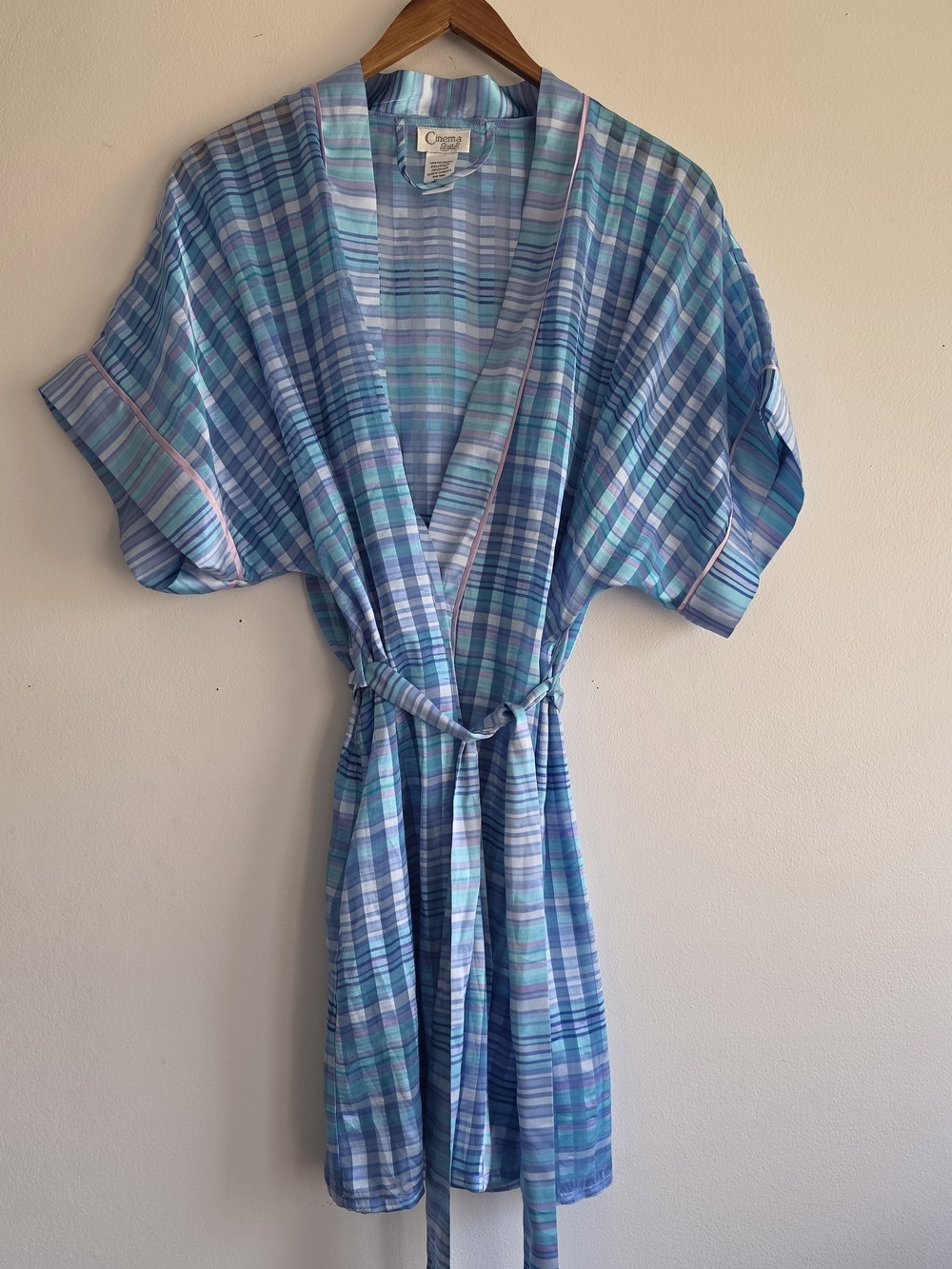 Cinema Etoile Vintage S Blue Plaid Short Kimono Robe - Lightweight Lounge Wrap